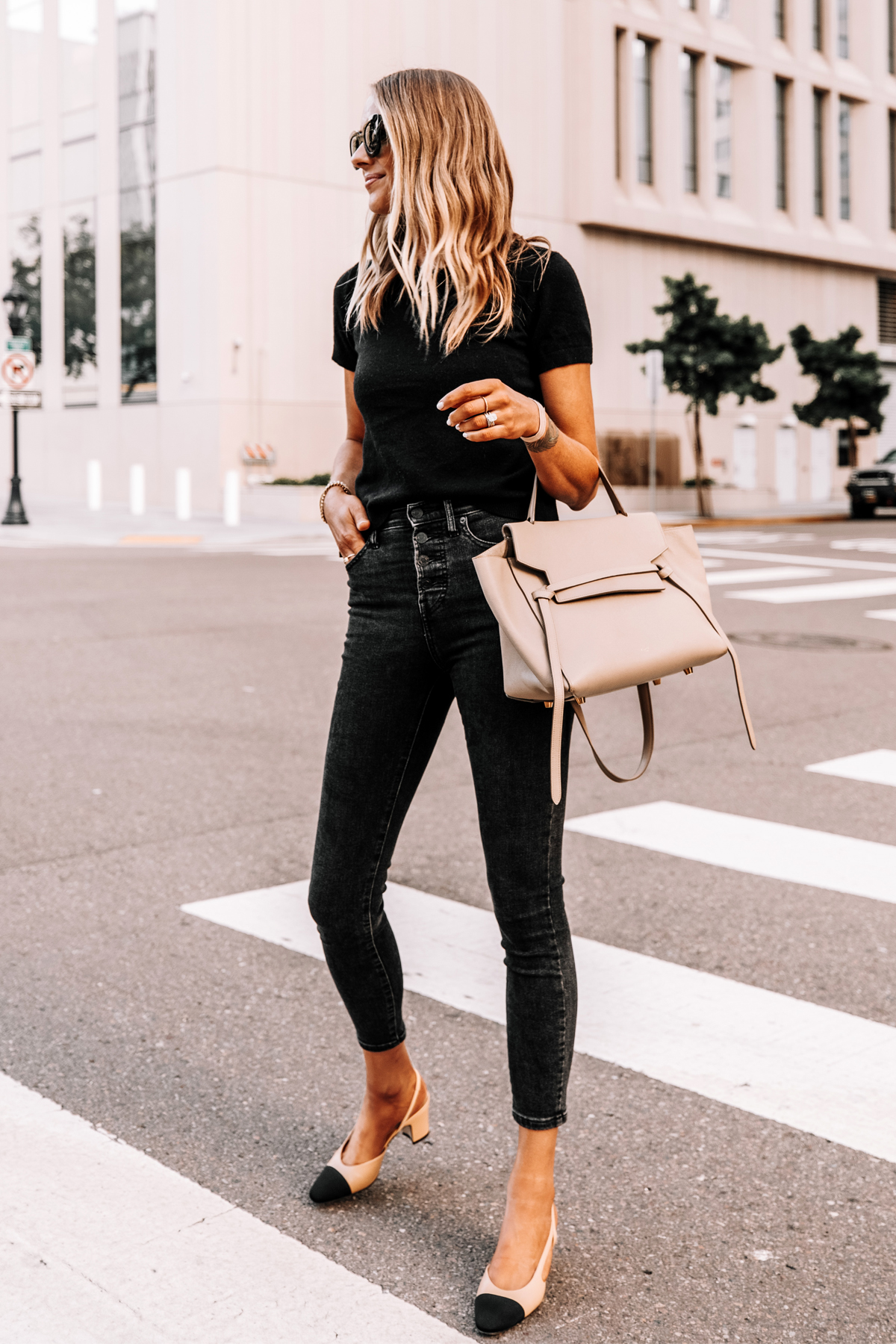 Fashion Jackson Wearing Everlane Black Short Sleeve Sweater Everlane Black Skinny Jeans Chanel Slingbacks Celine Belt Bag 1