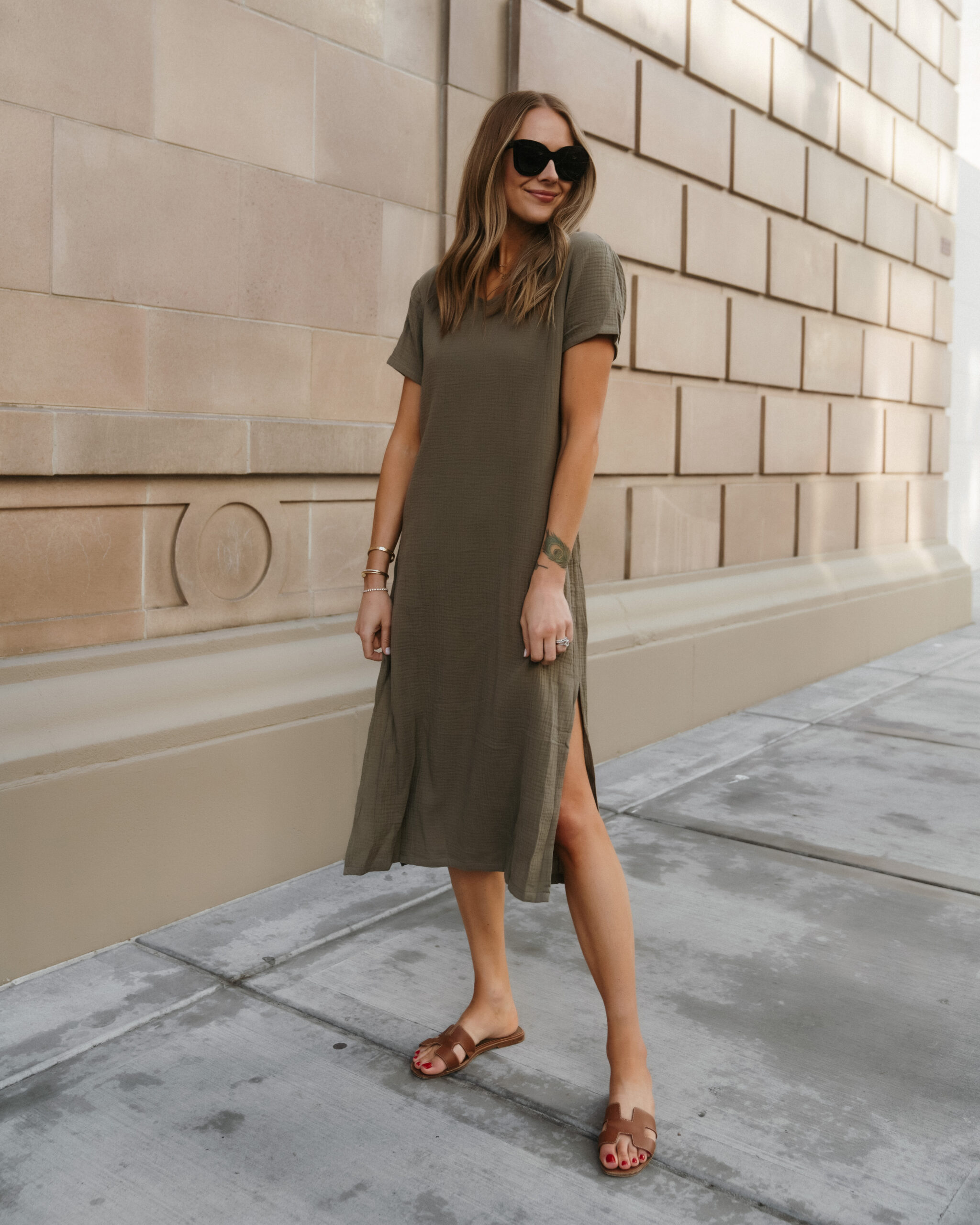 Fashion Jackson Wearing Jenni Kayne Cypress Caftan Dress Sage Hermes Oran Gold Sandals