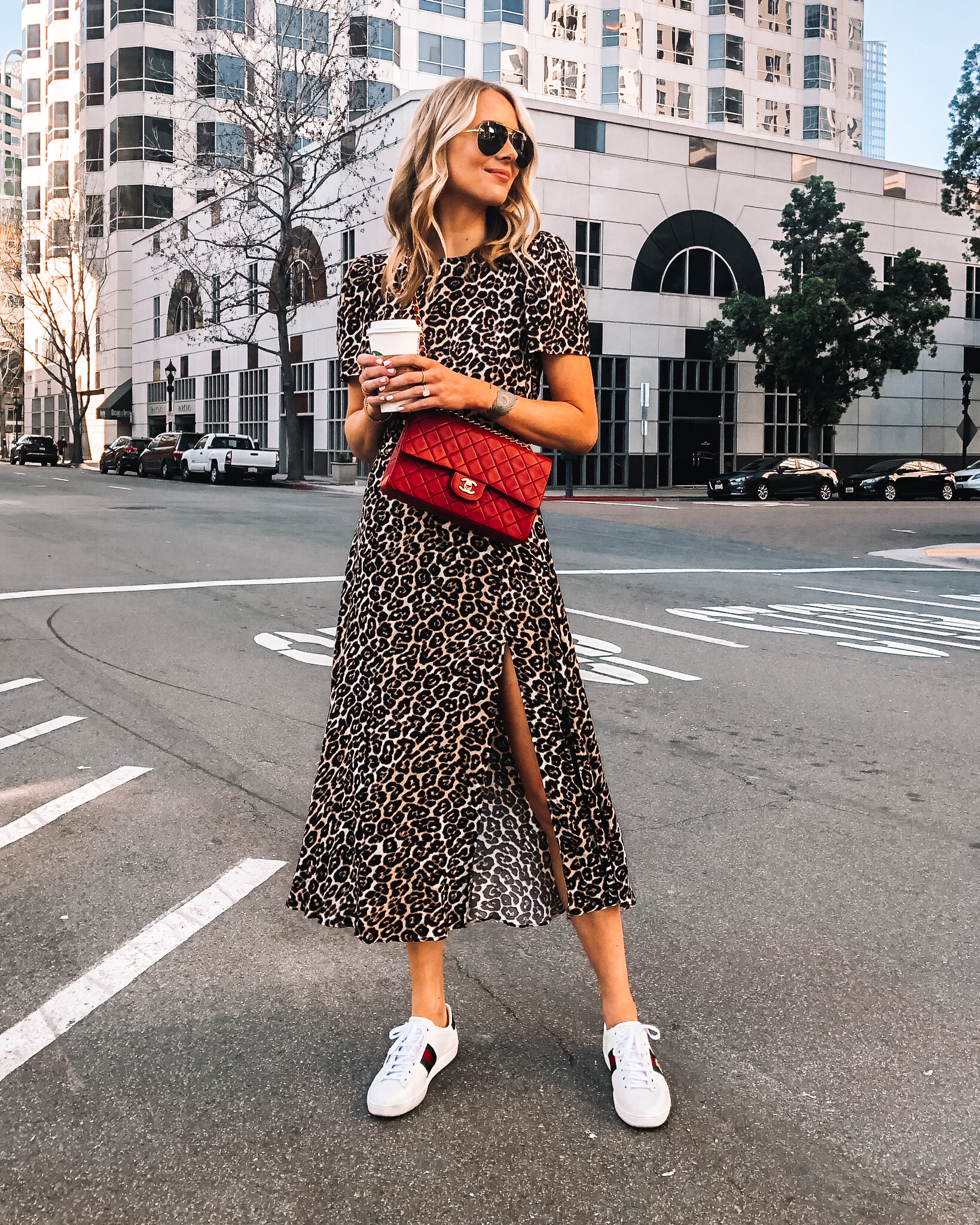 Fashion Jackson Wearing Leopard Midi Dress Red Chanel Handbag Gucci Sneakers