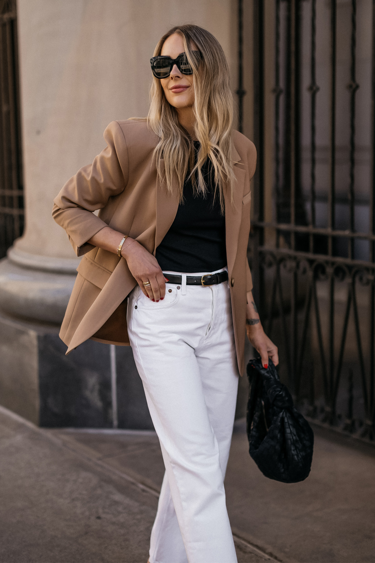 Fashion Jackson Wearing MAYSON the label Camel Boyfriend Blazer Black Tee White Jeans Bottega Veneta Teen Jodie Black Handbag