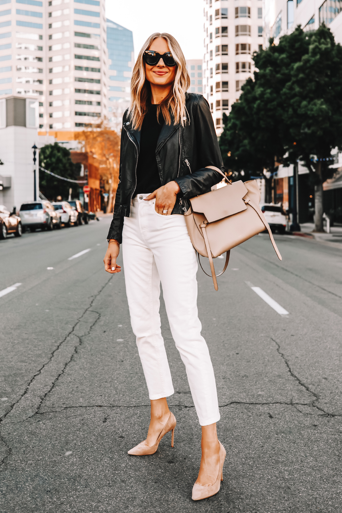 Fashion Jackson Wearing Madewell Black Leather Jacket Everlane White Jeans Nude Pumps Celine Mini Belt Bag