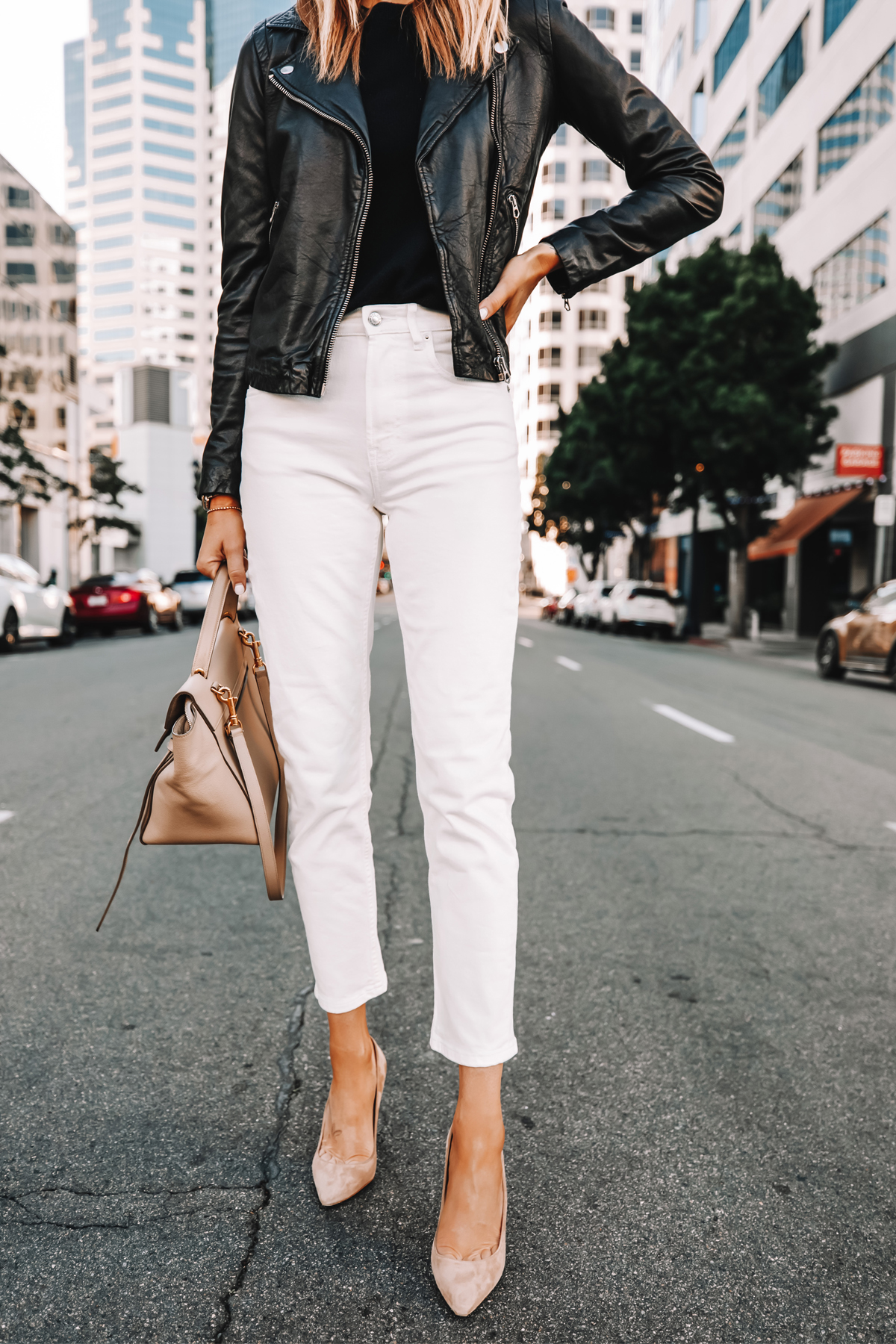 Fashion Jackson Wearing Madewell Black Leather Jacket Everlane White Jeans Nude Pumps