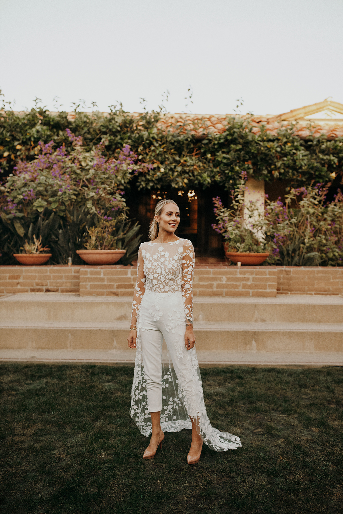 Rime Arodaky patsy white lace bridal jumpsuit wedding rehearsal dinner outfit, wedding weekend bridal outfit inspiration