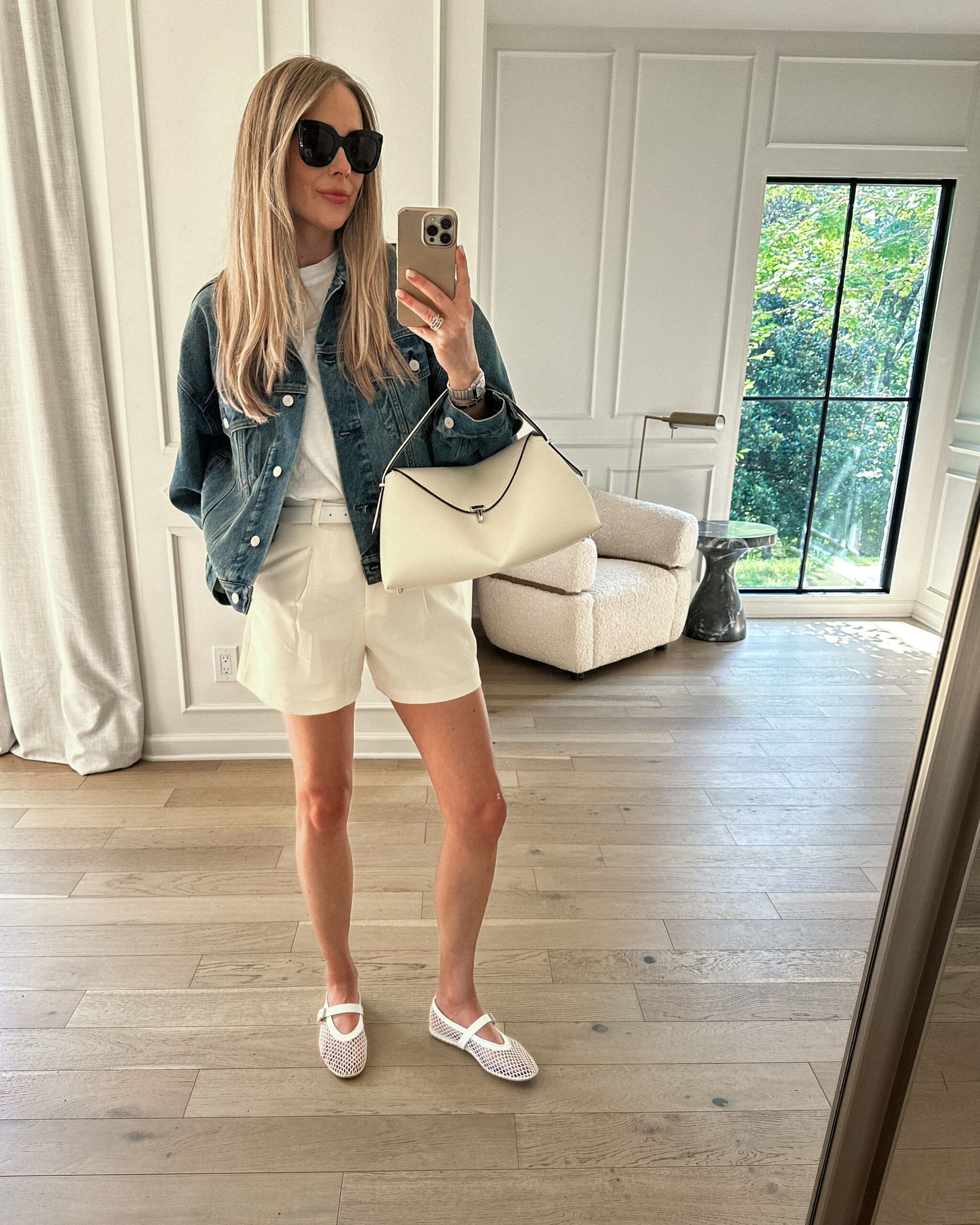 fashion jackson wearing mayson the label denim jacket white tank ivory shorts toteme tlock handbag white amazon white mesh fishnet mary jane ballerina flats