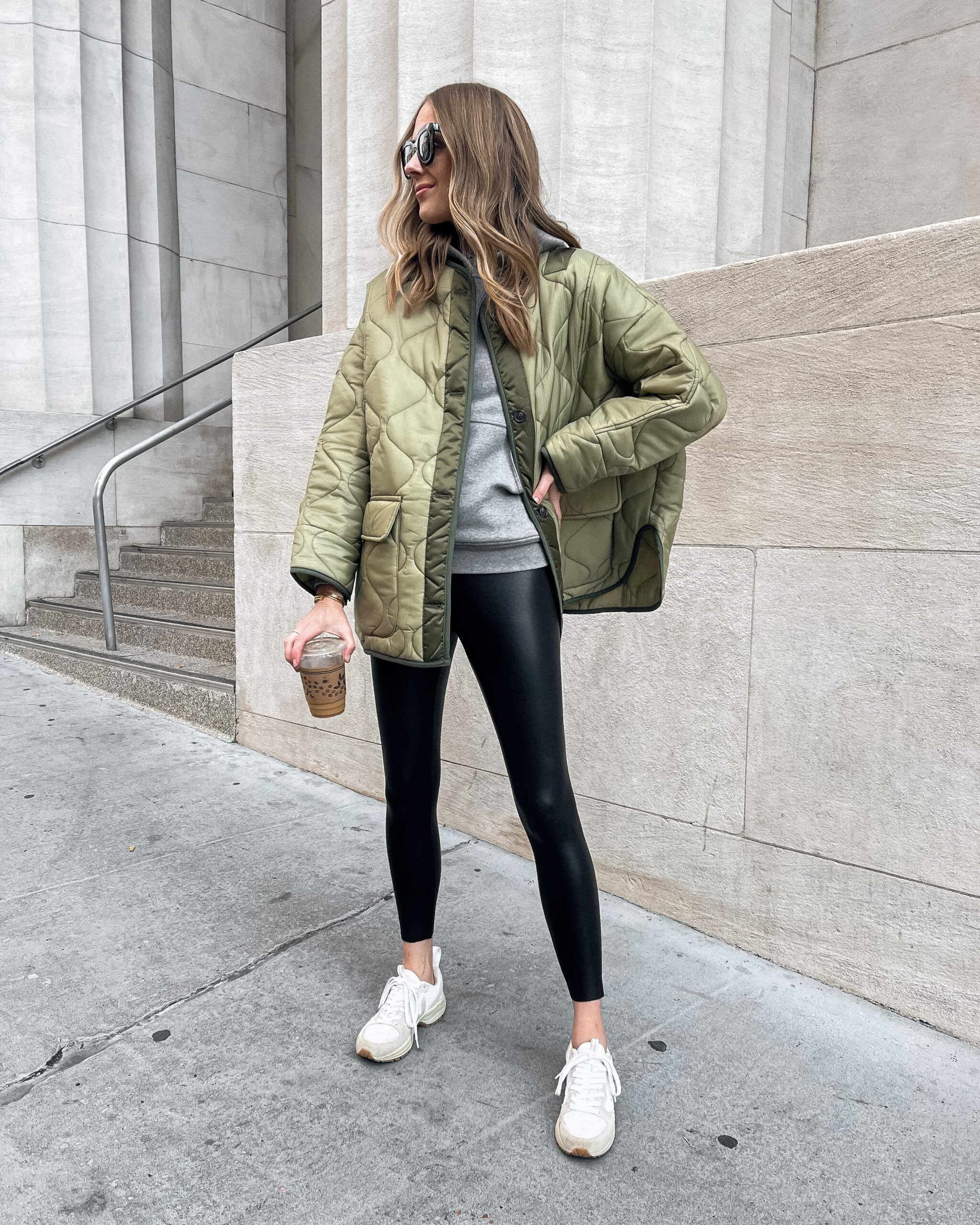 Fashion Jackson Wearing The Frankie Shop Green Jacket Black Leggings Veja Sneakers