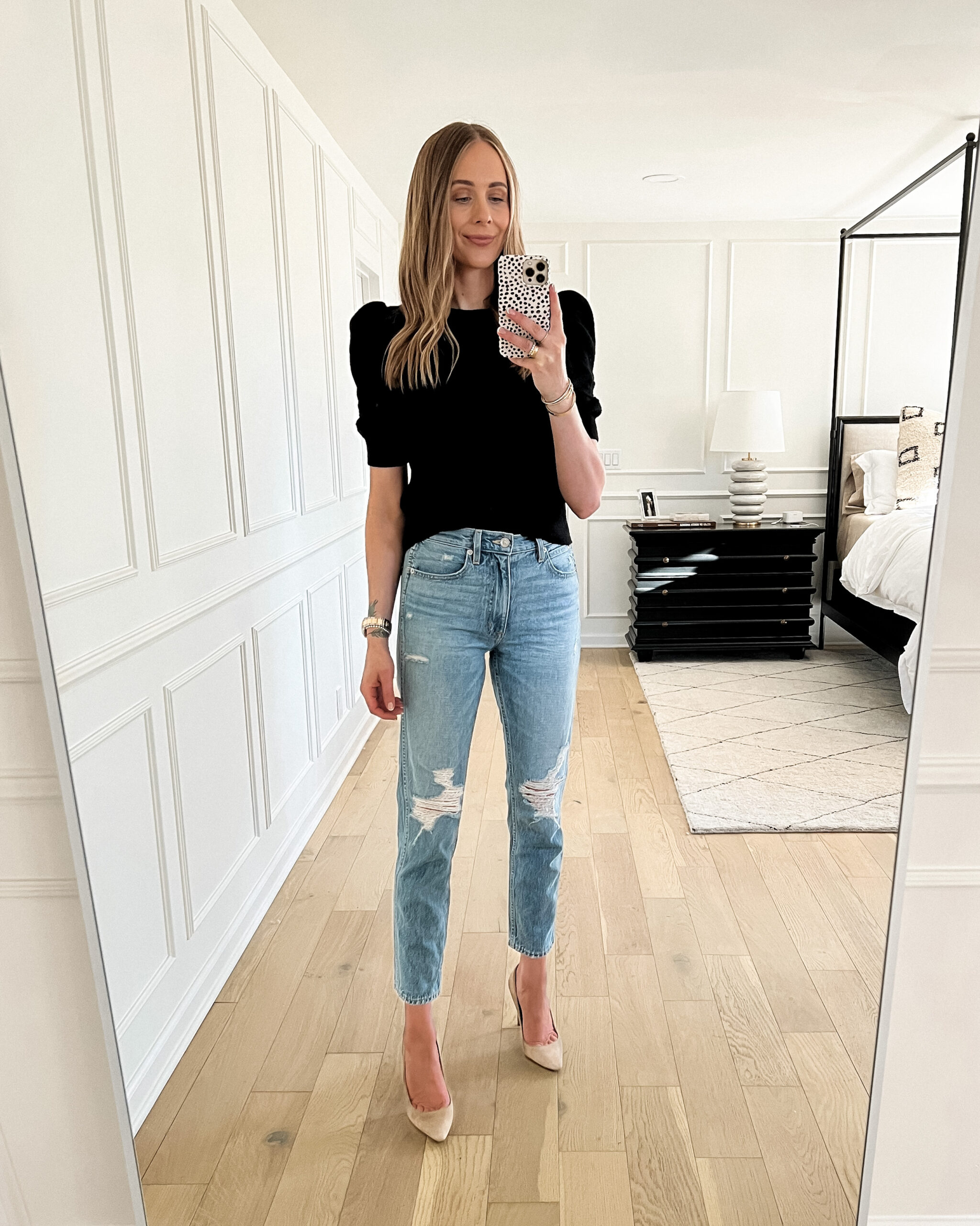 Fashion Jackson Wearing Black Puff Sleeve Top slvrlake jeans review Ripped SLVRLKE jeans