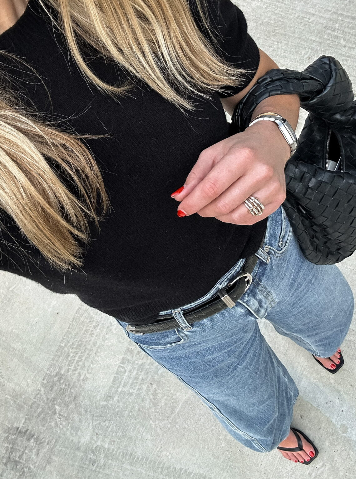 Fashion Jackson wearing FRAME puff sleeve sweater, TIBI Sid jeans, Bottega Veneta Jodie Hobo Bag, summer date night, fall date night