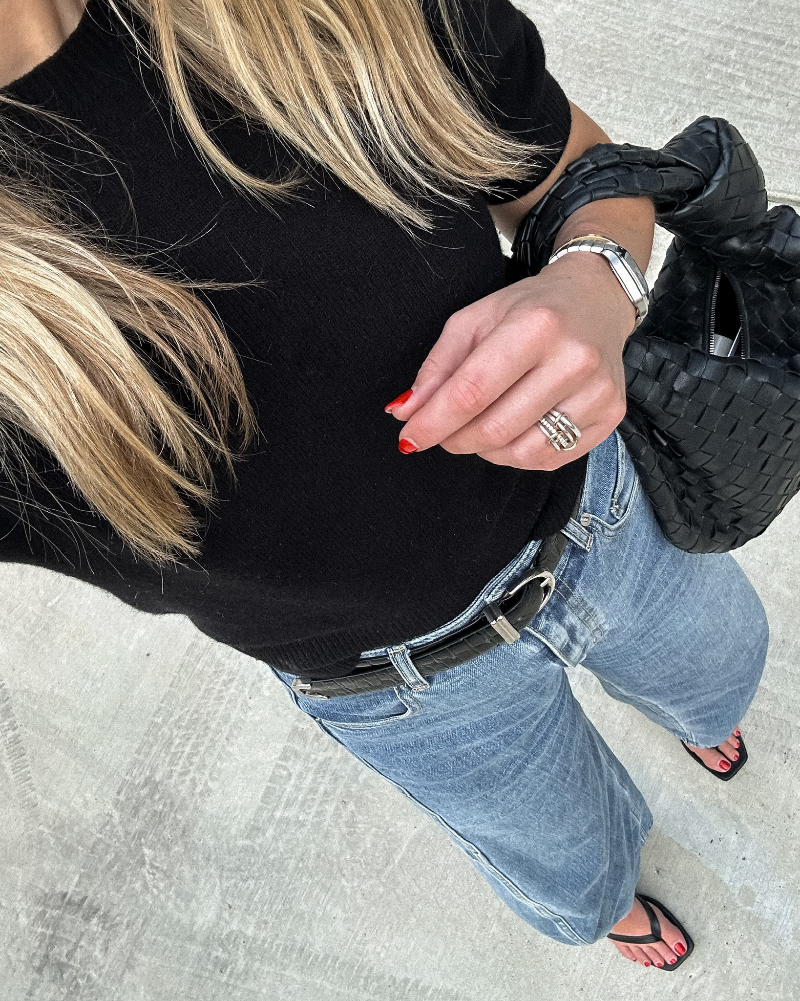 Fashion Jackson wearing FRAME puff sleeve sweater, TIBI Sid jeans, Bottega Veneta Jodie Hobo Bag, summer date night, fall date night