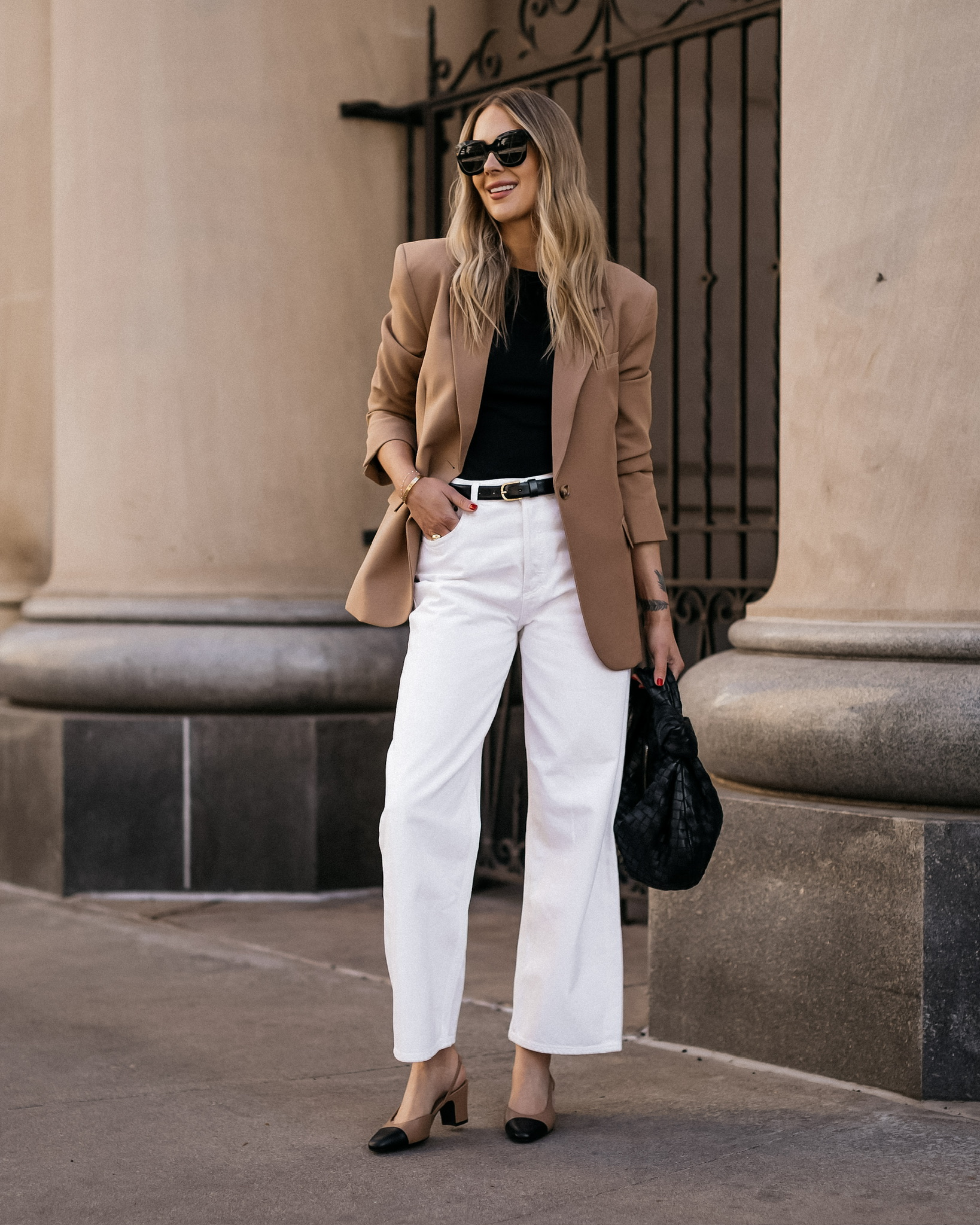 Fashion Jackson Wearing MAYSON the label Camel Boyfriend Blazer Black Tee White Jeans Chanle Tan Slingbacks Bottega Veneta Black Teen Jodie Handbag Street Style Outfit 1