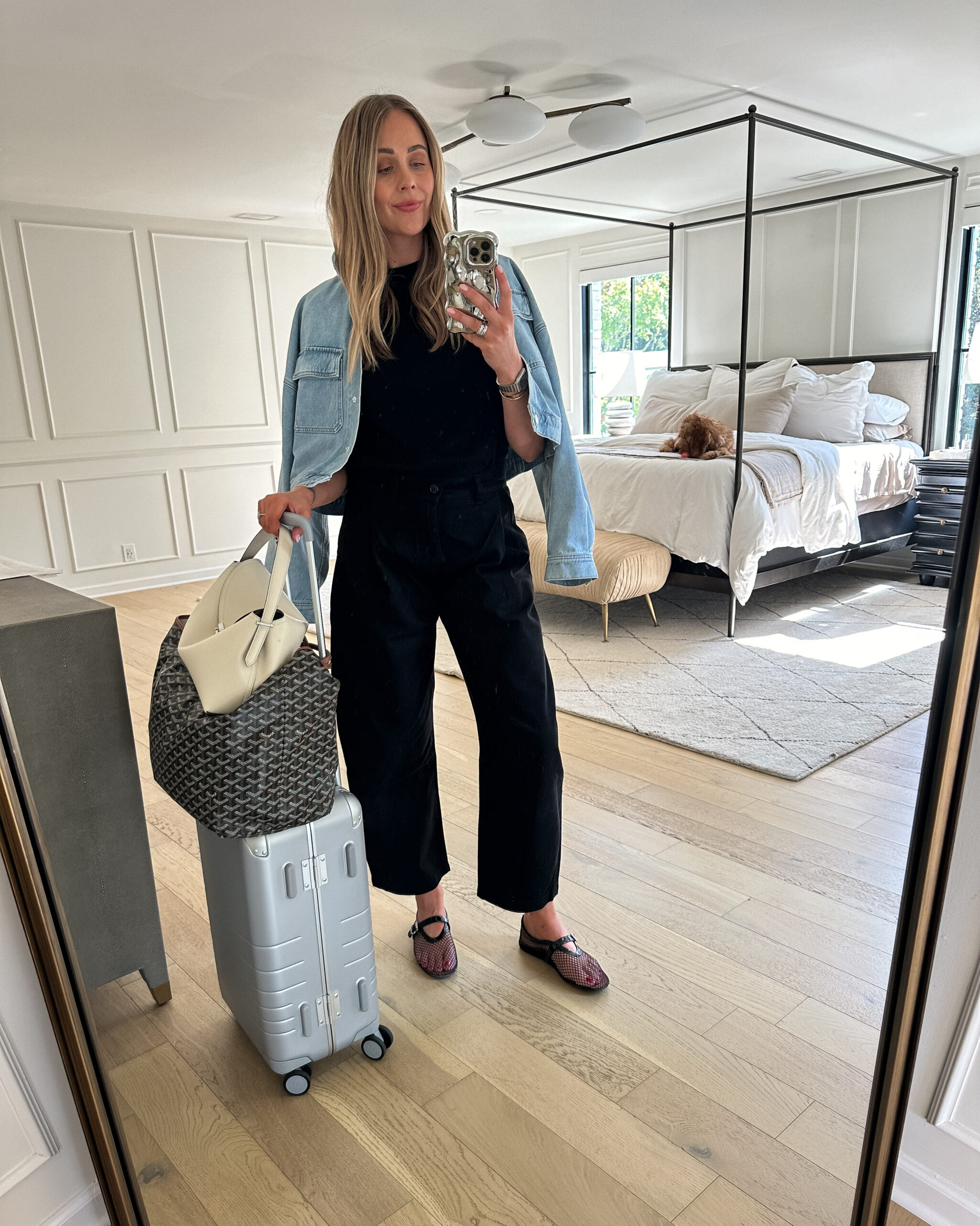 Fashion Jackson Travel Outfit AGOLDE Luka Jacket Black Tshirt AGOLDE Danika Chino Trousers Black Mesh Black Flats Denim Jacket Travel Outfit Fall