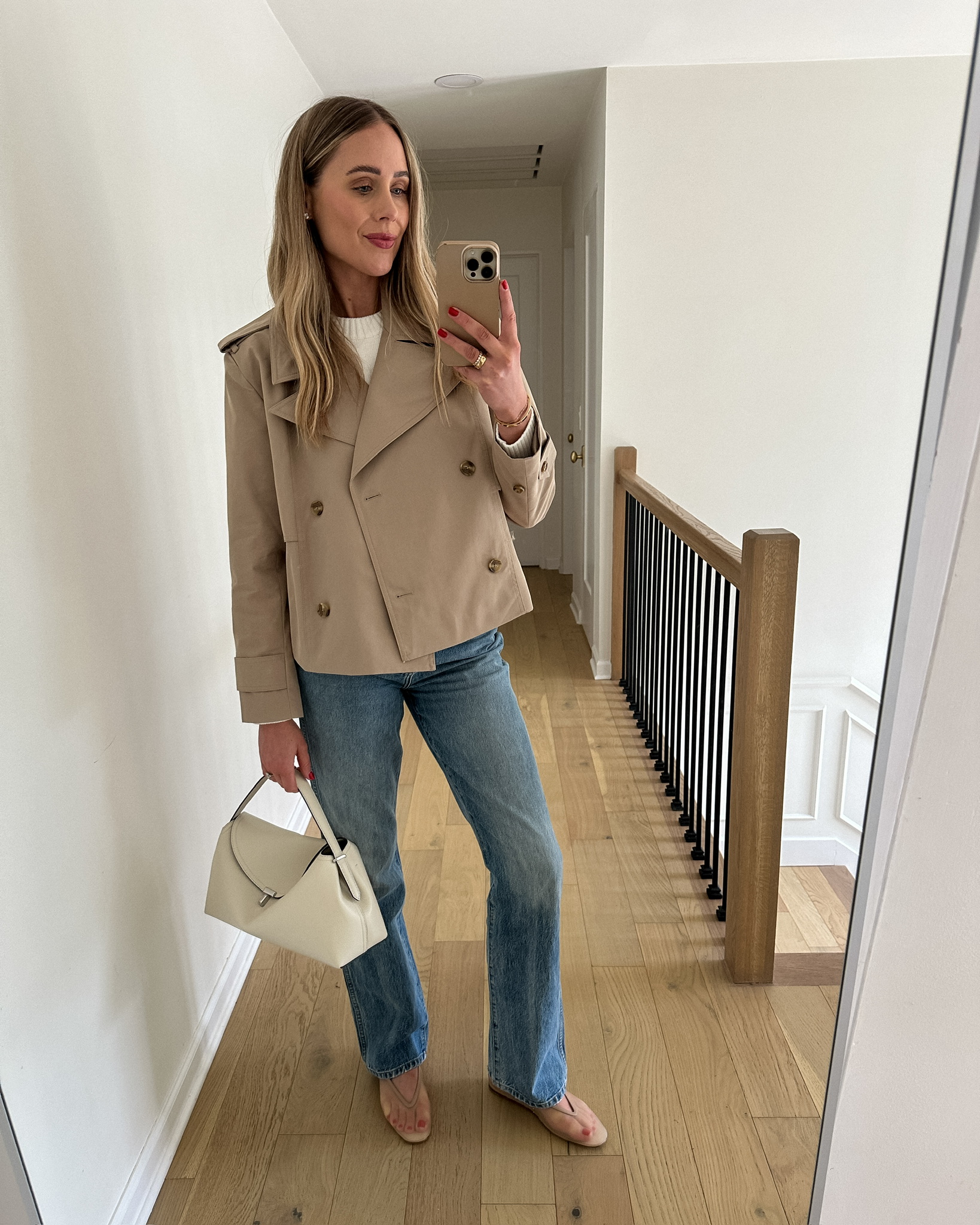 Fashion Jackson Wearing Banana Republic Cropped Trench Coat White Tee Denim Jeans Mesh Flats White Handbag Spring Outfit