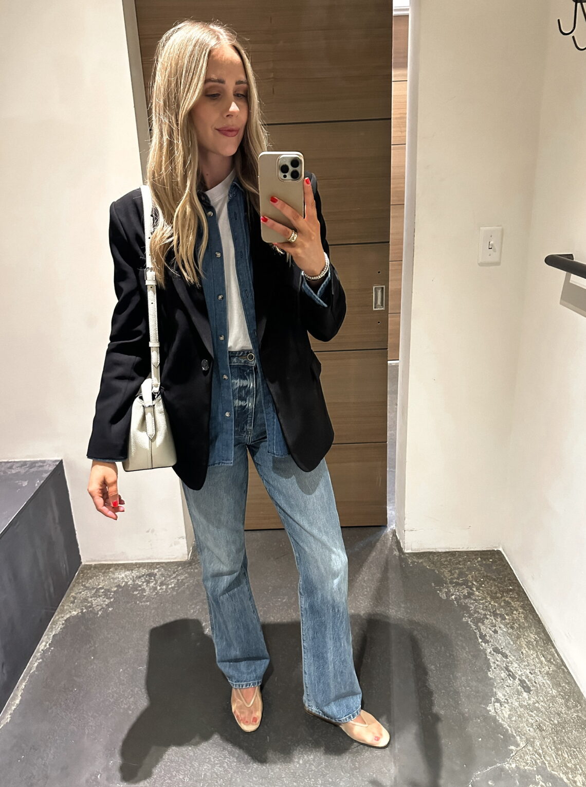 Fashion Jackson Wearing MAYSON the label black blazer, denim shirt, white thsirt, khaite danielle jeans, mesh flats, spring outfit