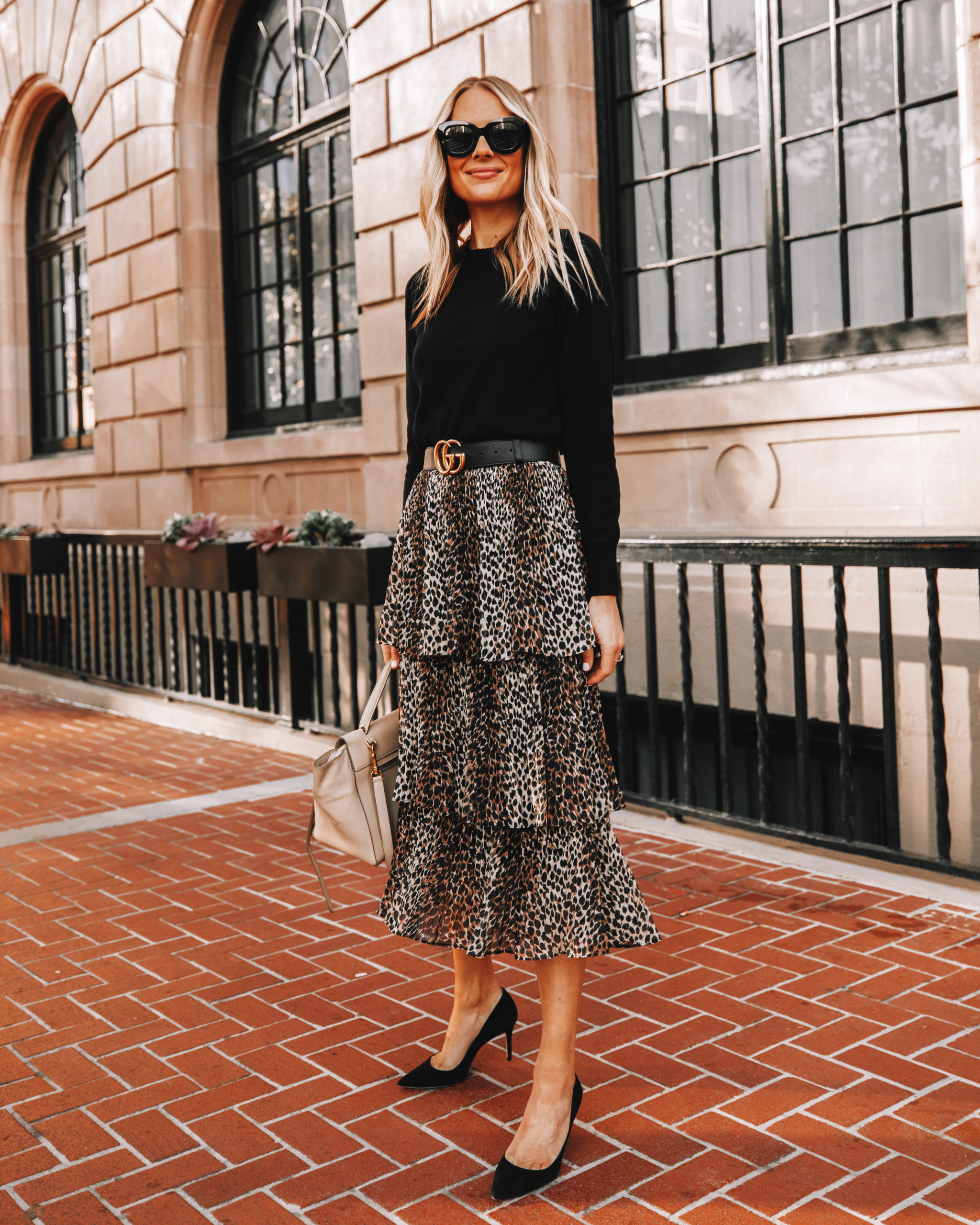 Fashion Jackson Wearing Black Sweater Leopard Midi Skirt Gucci Belt Black Pumps