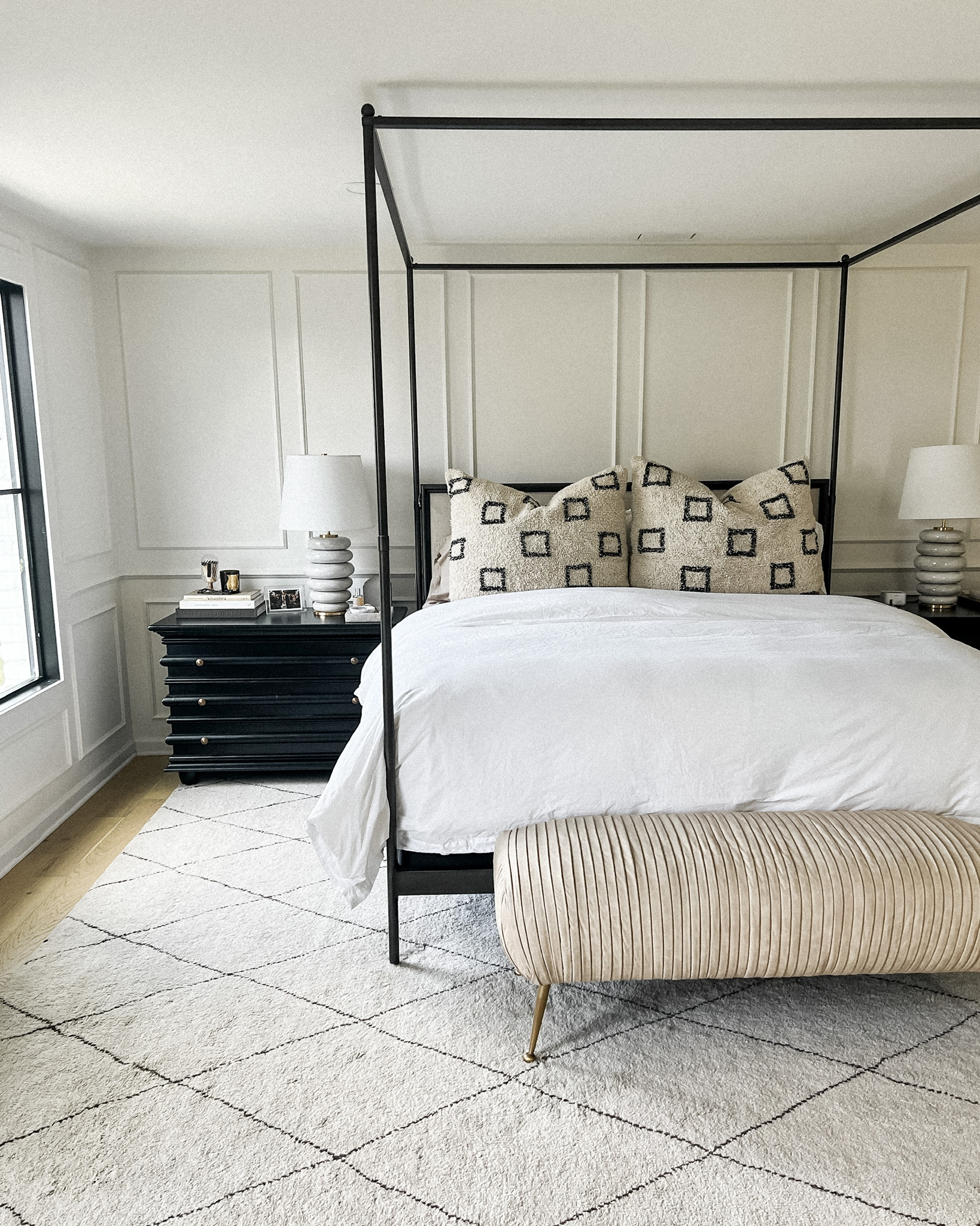 Fashion Jackson Primary Bedroom RH Canopy Bed Beige Bench Annie Selke Rug Noir Black Dressers Kelly Wearstler Lamps