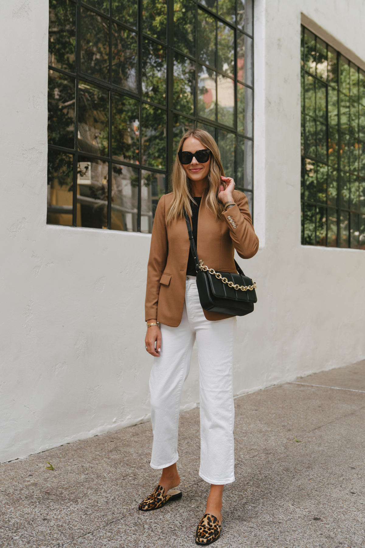 Fashion Jackson Wearing Camel Blazer White Jeans Vince Camuto Leopard Loafers Black Crossbody Handbag