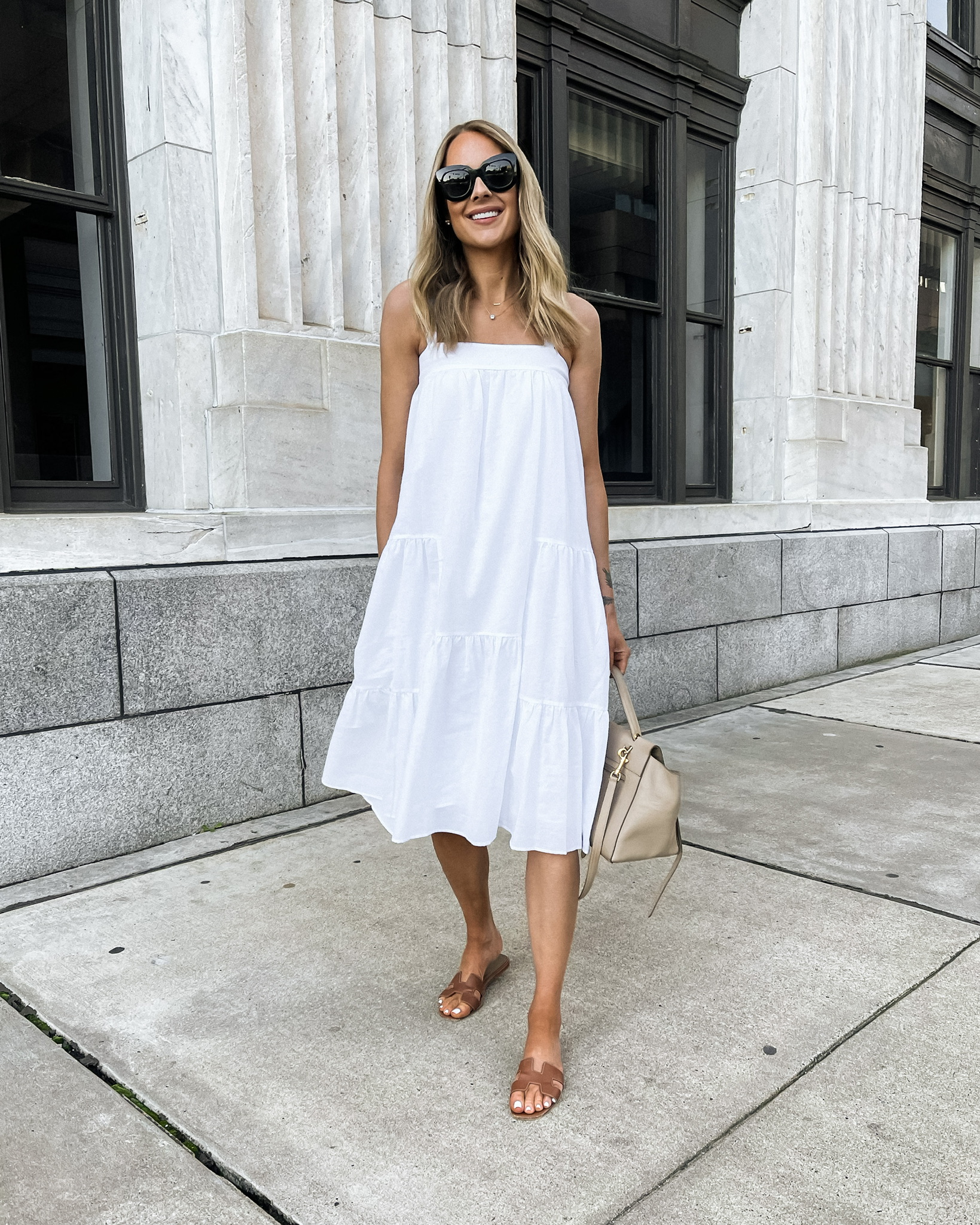 Fashion Jackson Wearing Jenni Kayne Summer Dress White Hermes Oran Gold Sandals