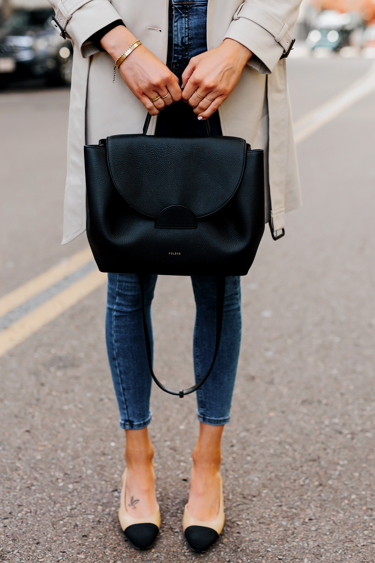 Woman Holding Polene Number One Handbag Monochrome Black Fashion Jackson San Diego Fashion Blogger Street Style