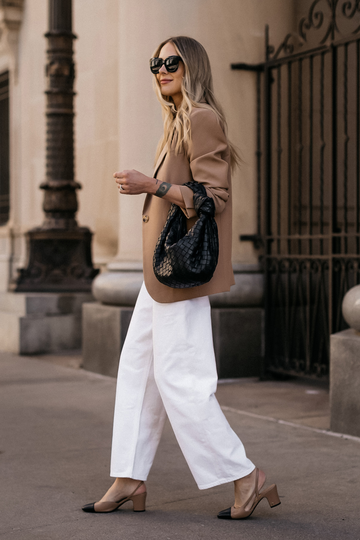 Fashion Jackson Wearing MAYSON the label Camel Boyfriend Blazer White Jeans Chanle Tan Slingbacks Bottega Veneta Black Teen Jodie Handbag Street Style Outfit