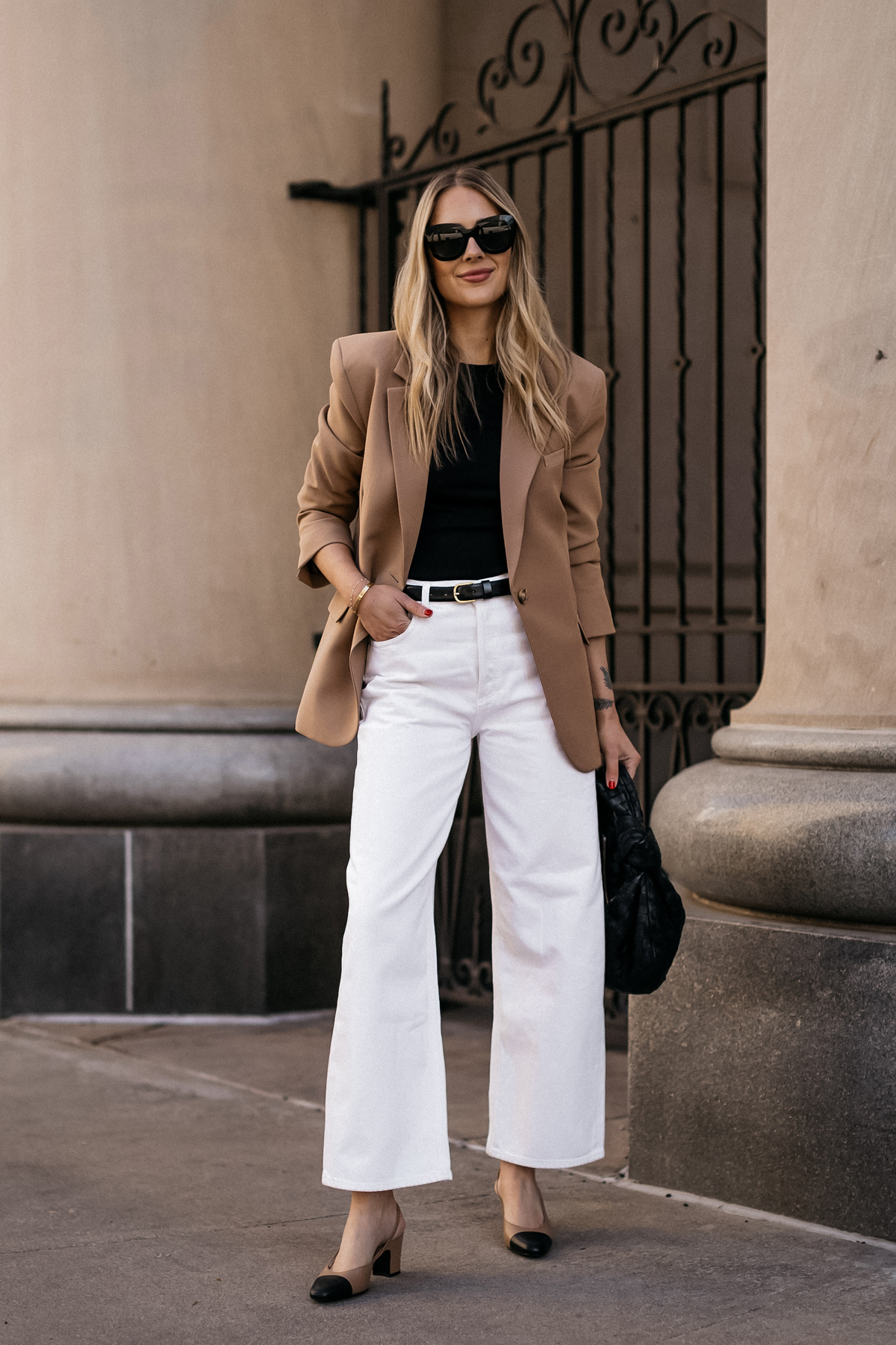 Fashion Jackson Wearing MAYSON the label Camel Boyfriend Blazer Black Tee White Jeans Chanle Tan Slingbacks Bottega Veneta Black Teen Jodie Handbag Street Style Outfit