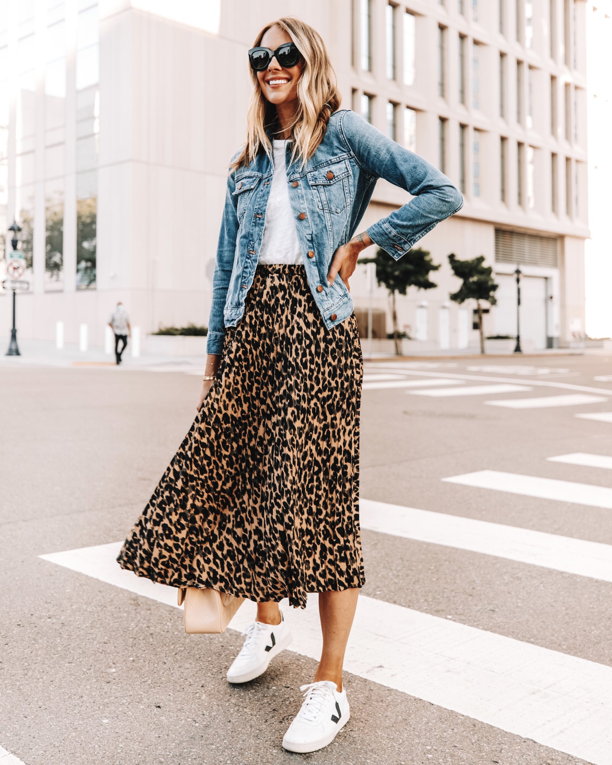 Fashion Jackson Wearing Denim Jacket White Tshirt Leopard Midi Skirt Veja Sneakers 1