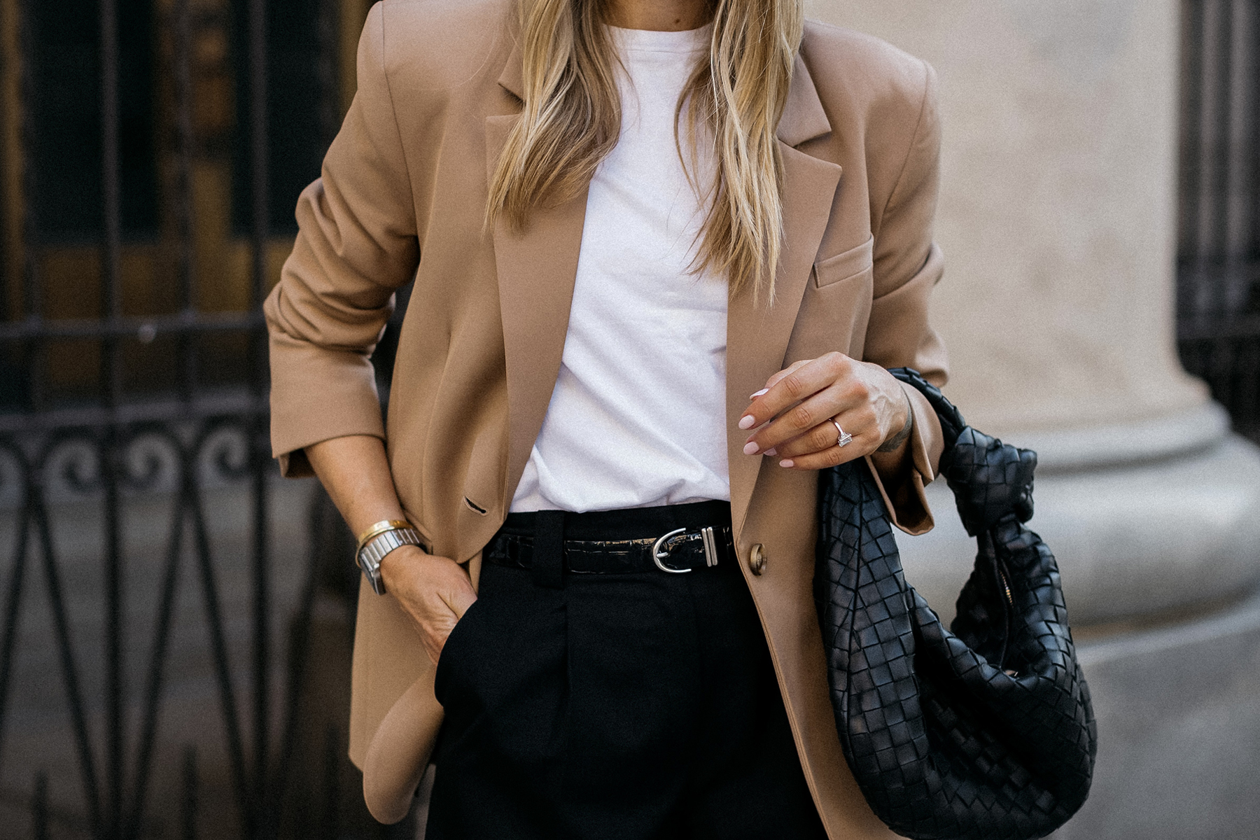 Fashion Jackson Wearing MAYSON the label Camel Boyfriend Blazer White Tshirt MAYSON the label Black Trouser Shorts Khaite Bambi Croc Black Belt Bottega Veneta Teen Jodie Black Handbag