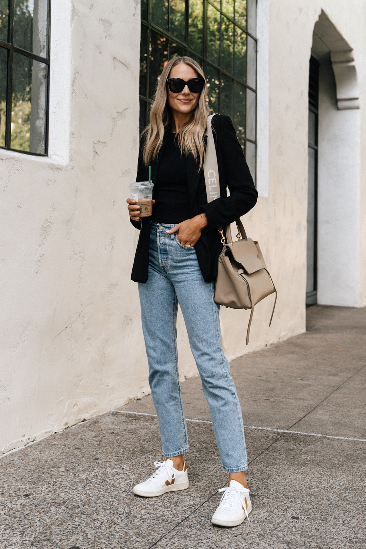 Fashion Jackson Wearing Anine Bing Black Blazer Levis Straight Leg jeans Veja V10 Camel White Sneakers Celine Mini Belt Bag Taupe Fall Outfit Street Style 1