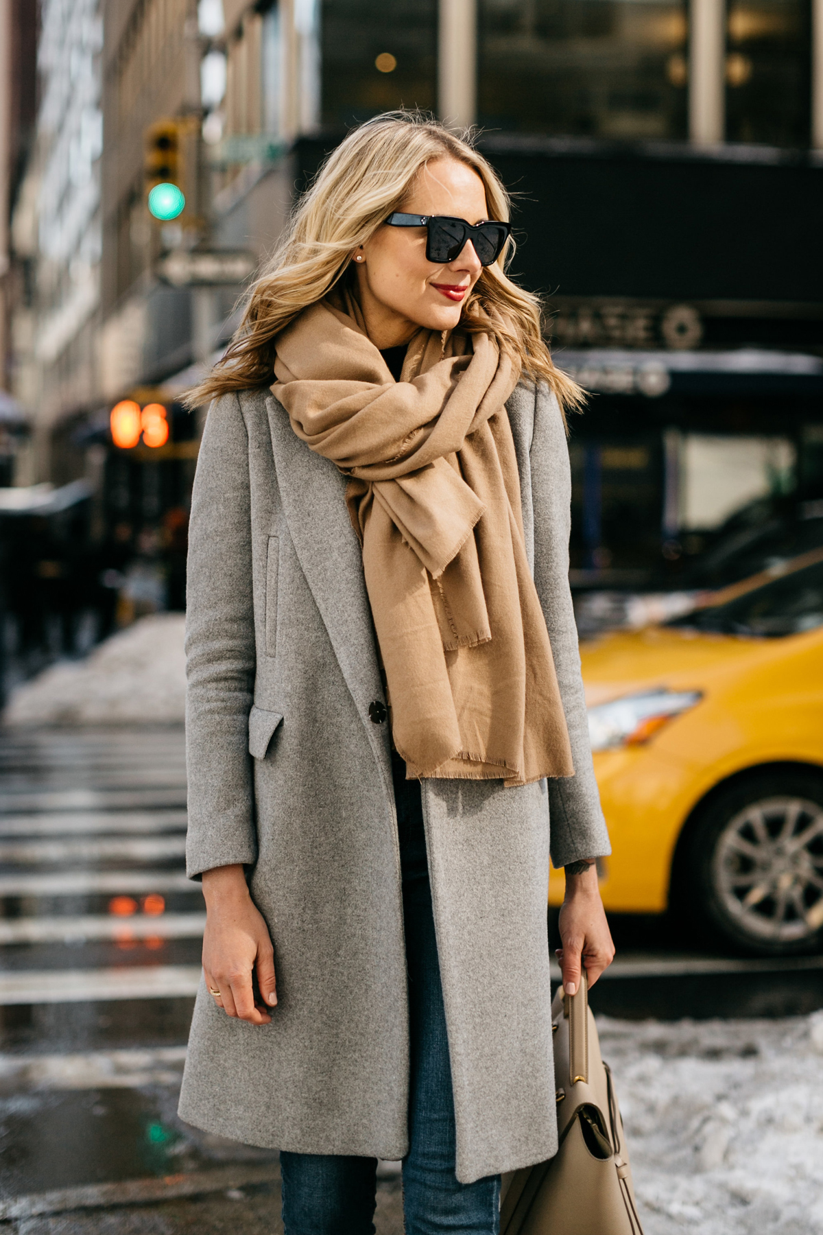 NYFW Fall/Winter 2017, Street Style, Grey Coat, Tan Blanket Scarf, Denim Skinny Jeans, Celine Tie Handbag